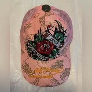Ed Hardy Pink Glitter Trucker Hat with Tattoo Rose Embroidery